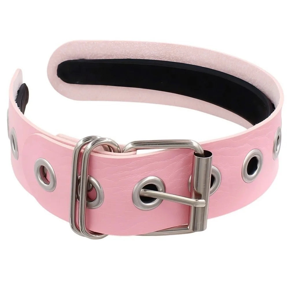 Punk Gothic Leather Rivet Buckle Headband – Hair Hoop Gothic Hair Headband Axl Pink