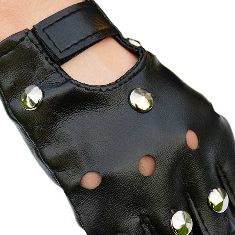 Black Leather Fingerless Gloves – Rivet Stud Half Finger Fingerless Fashion Gloves Axl