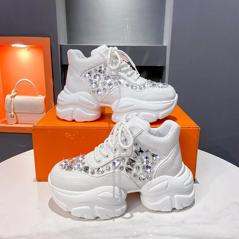 YEAE Women's Diamond Thick Sole Lace-Up Fashion Sneakers Platform Fashion Sneakers Axl