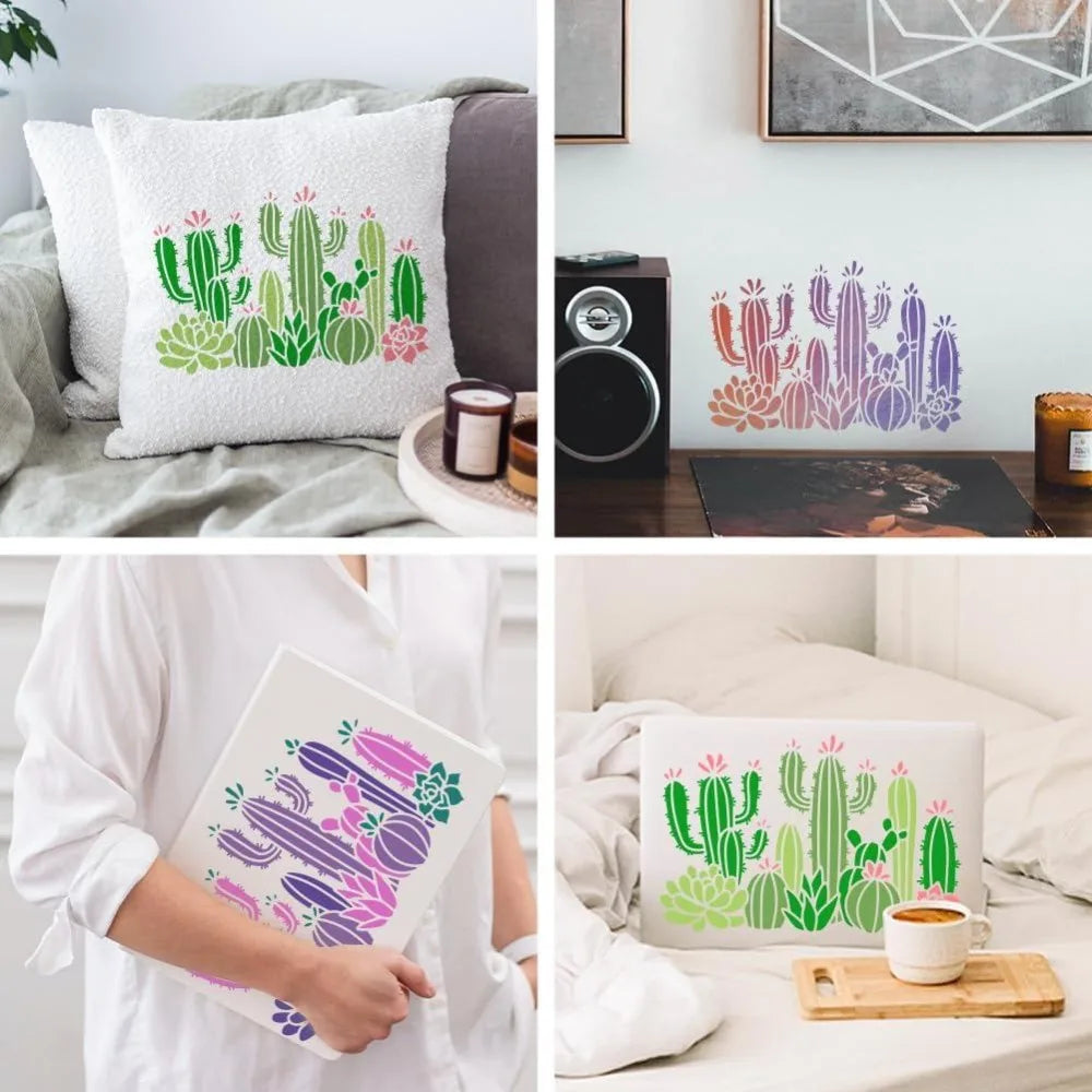 Cactus Succulent Reusable Stencil 11.7×8.3" with Paint Brush Craft Stencil Set Axl
