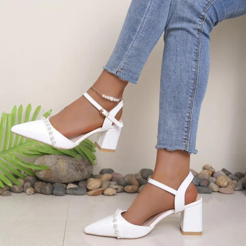 Women's Rhinestone Block Heel Cutout Sandals – Pointed Toe Block Heel Sandals Axl
