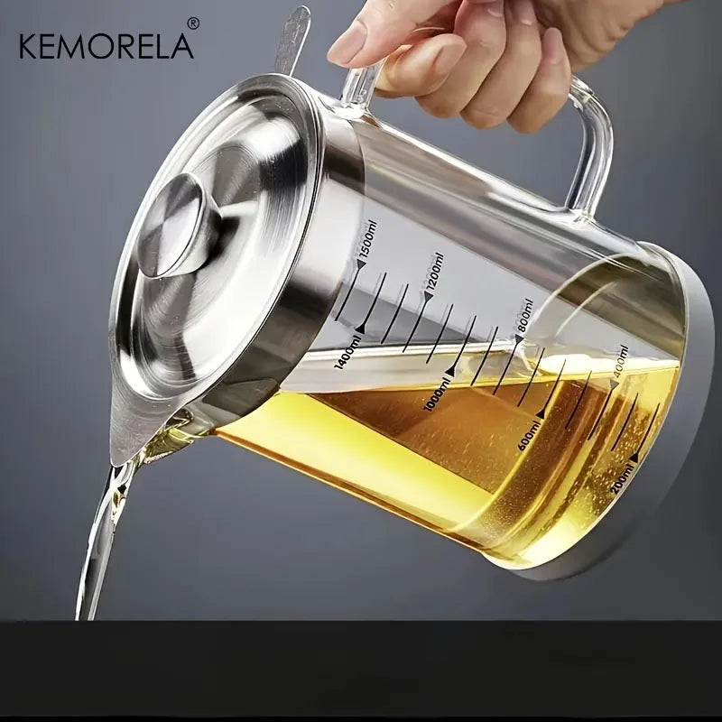 KEMORELA Glass Oil Filter Pot with Lid – 1000/1500ML Fat Separator Glass Oil Filter Pot Axl