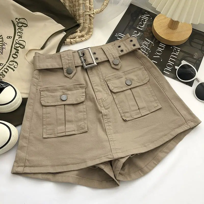 Women's Y2K High-Waist Cargo Skort – A-Line Skirt Shorts Skirt Shorts Skort Axl Khaki M