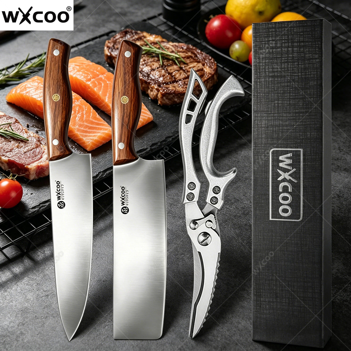WXCOO Japanese Chef Knife Set – Santoku, Cleaver & Sushi Kitchen Knife Set Axl