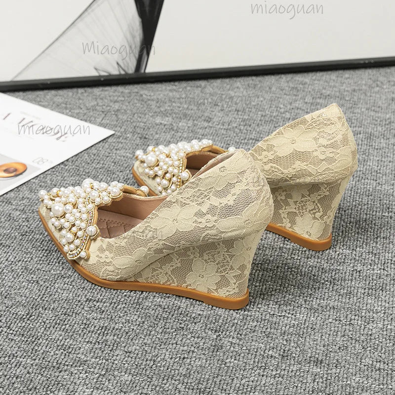 Pearl Embroidered Wedding Pumps – Pointed Toe Wedge Heels Wedding Pumps Axl
