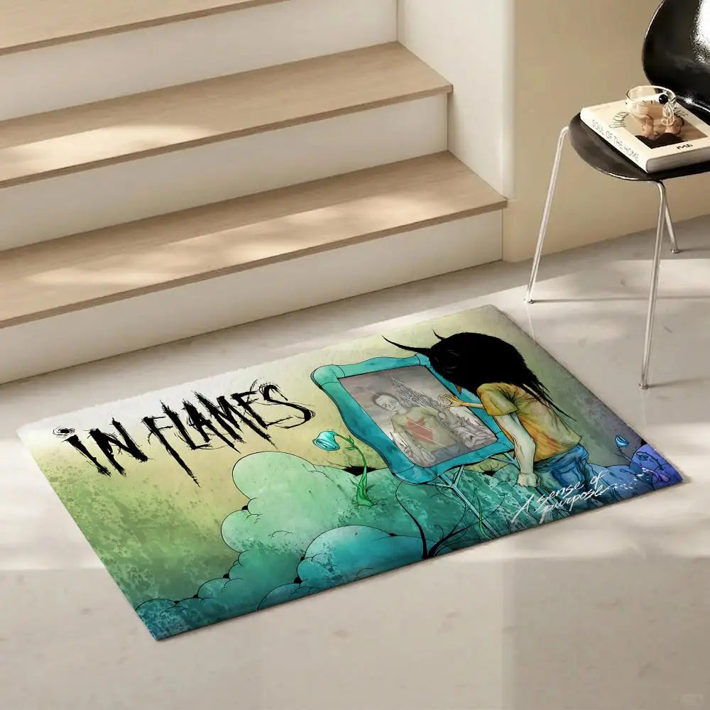 In Flames Band Flannel Floor Mat – Non-Slip Indoor Rug Flannel Floor Mat Axl
