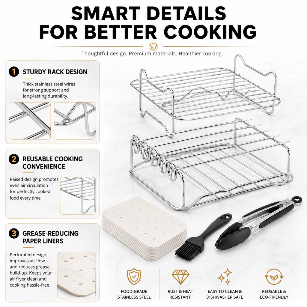 Dual Air Fryer Multi-Layer Rack with Skewers & Baking Paper Air Fryer Rack Set Axl