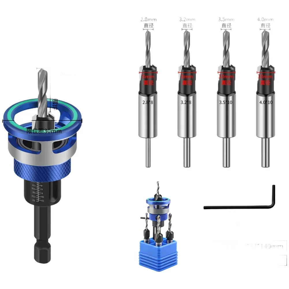 4 Flute Countersink Drill Bit – Adjustable Depth 1/4" Hex Shank Countersink Drill Bit Axl