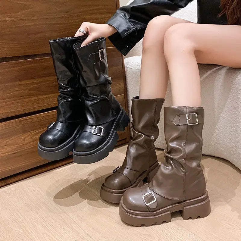 Women's Retro Brown Mid-Calf Wedge Boots | Waterproof Zipper Mid-Calf Boots Axl
