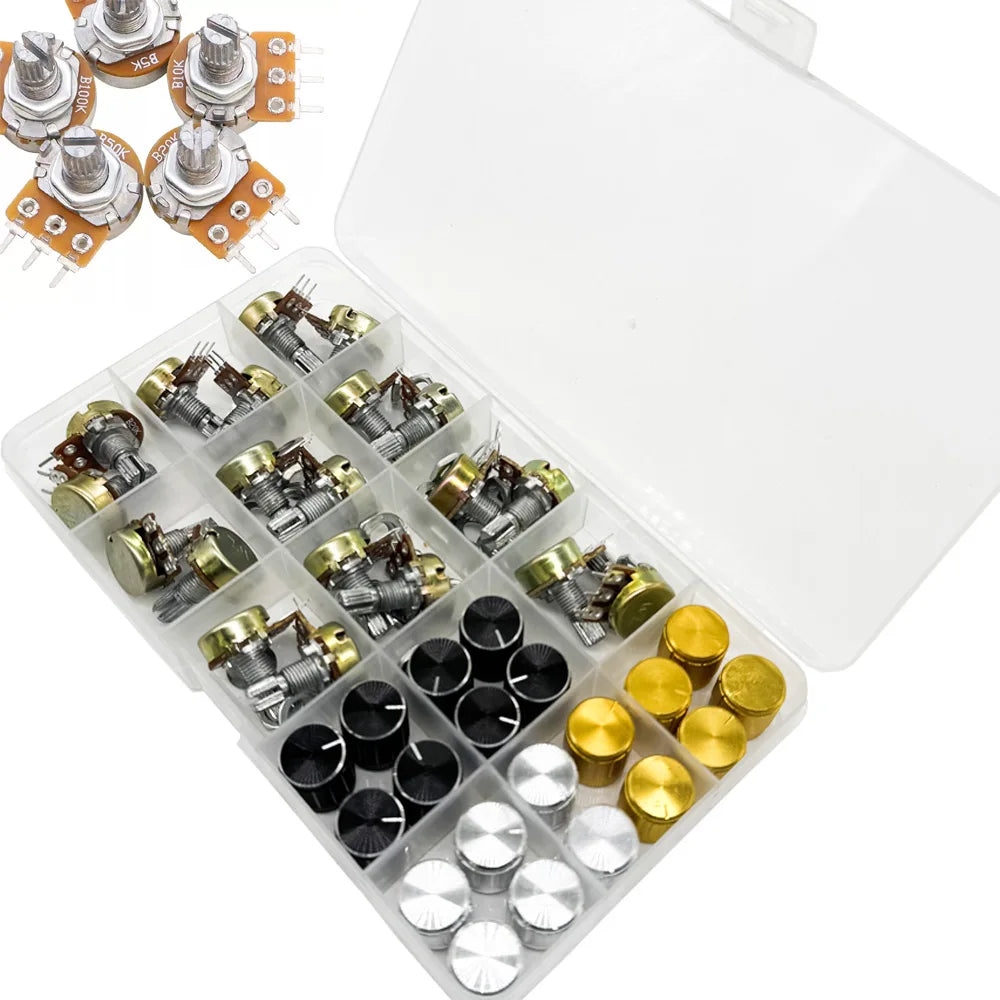 60PCS WH148 Rotary Potentiometer Kit 3-Pin 15mm B5K–100K Rotary Potentiometer Kit Axl