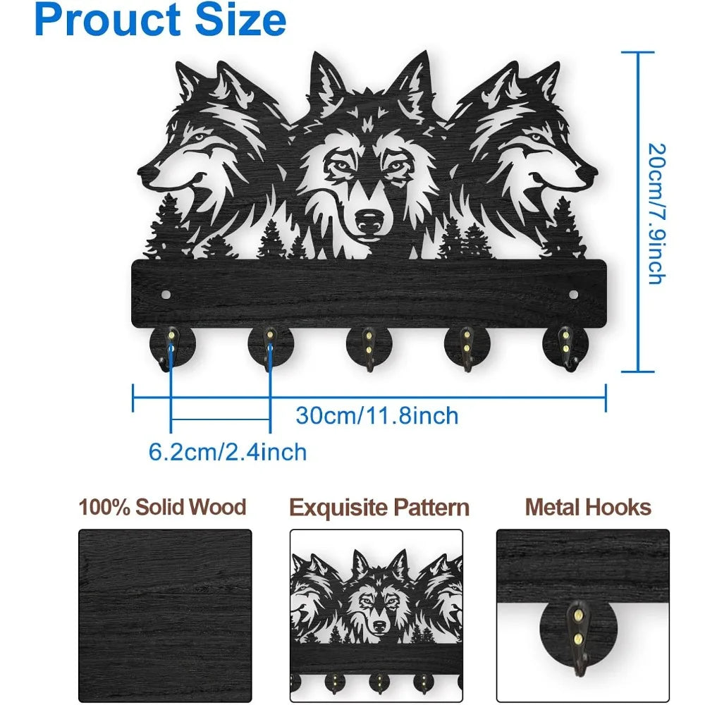 Wolf Forest Wood Wall Coat Rack – 5 Hook Key Holder 11.8in Wall Coat Rack Axl