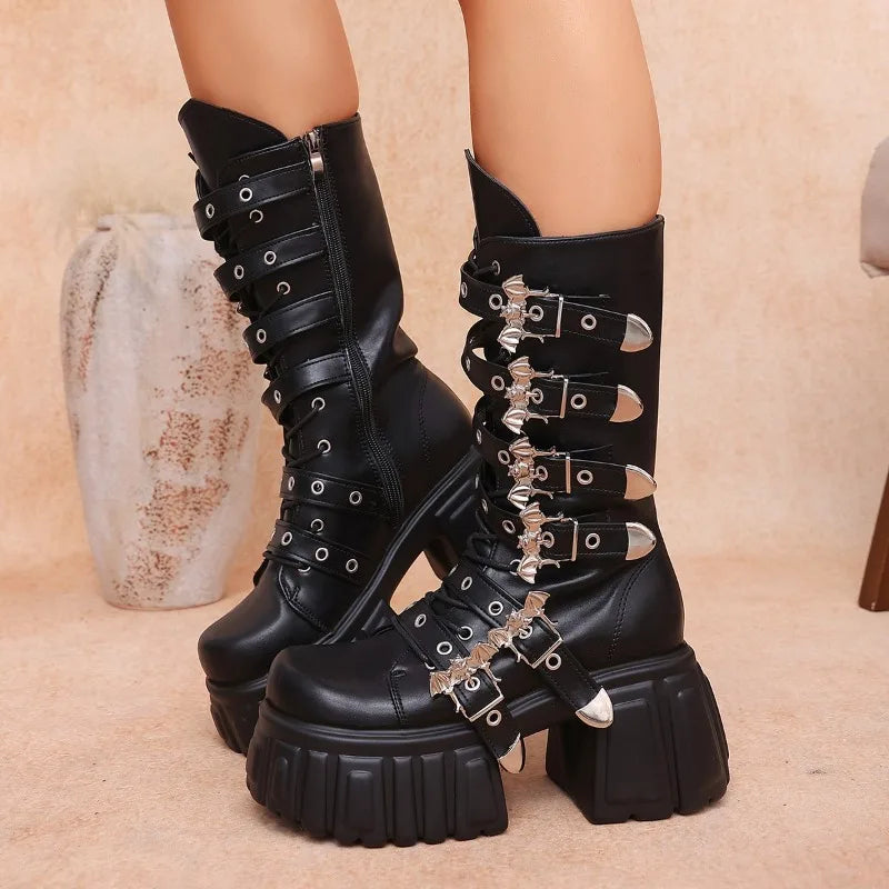 Women's Gothic Punk Mid-Calf Platform Boots | Square Heel Gothic Platform Boots Axl 36 black
