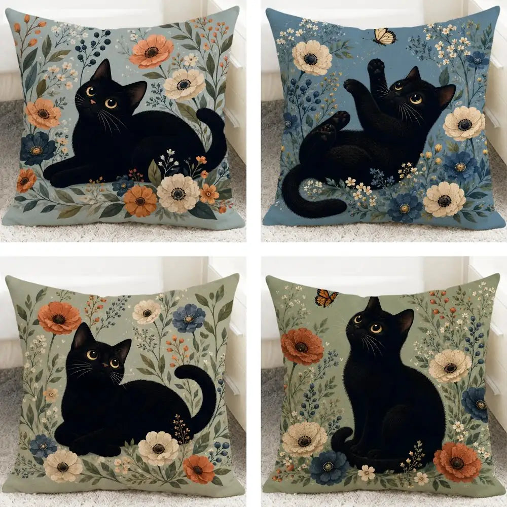Black Cat Floral Linen Cushion Cover – Sofa & Bedroom Decor Linen Cushion Cover Axl