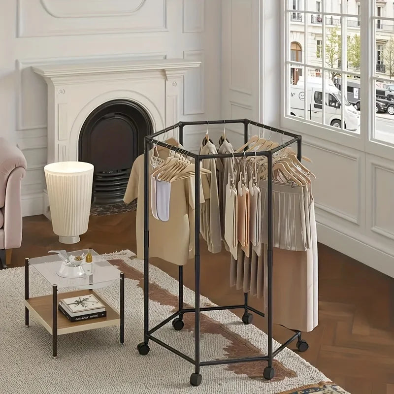 Freestanding 6-Bar Clothes Rack with Wheels & Shelves | Steel Clothes Rack Axl
