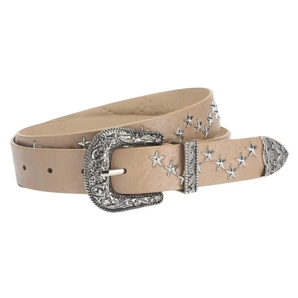 Y2K Punk Studded Belt – Gothic PU Leather Star Waistband Fashion Belt Axl Khaki