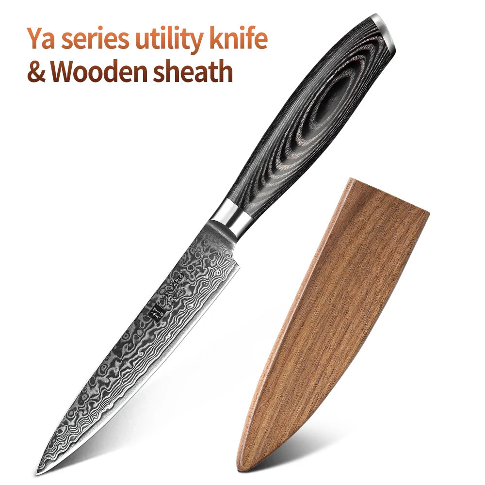 XINZUO 5" Damascus Utility Knife – 67-Layer Pakkawood Handle Damascus Utility Knife Axl with Wooden sheath China Mainland