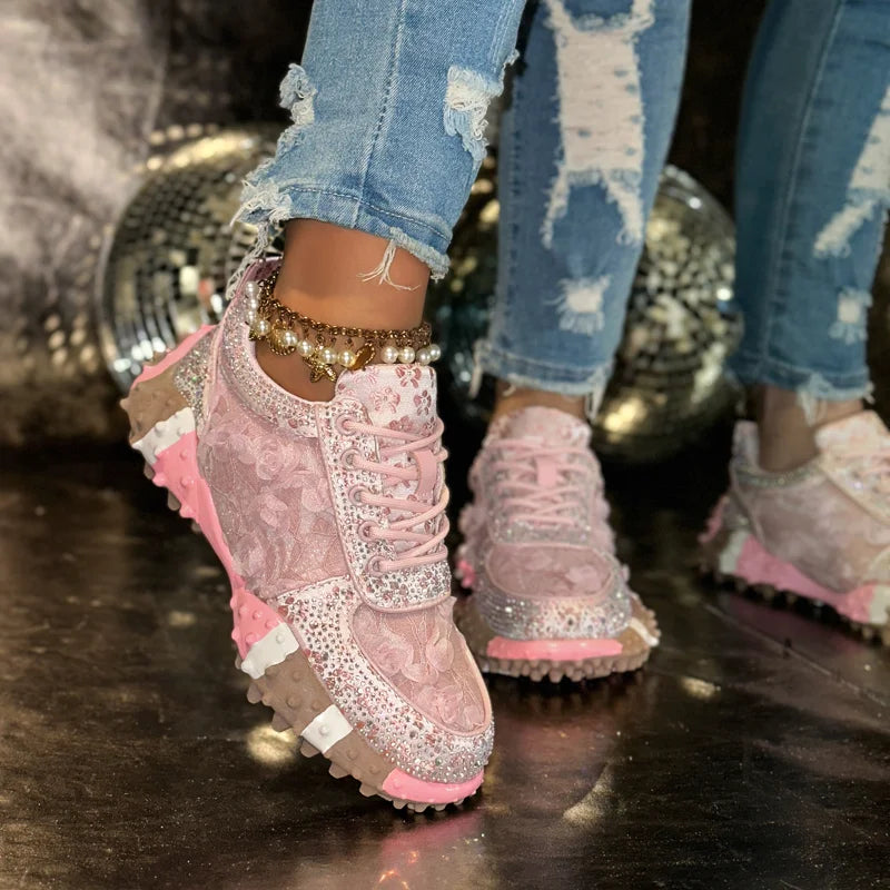 Women's Rhinestone Sneakers – Thick Sole Casual Sport Shoes Women's Fashion Sneakers Axl