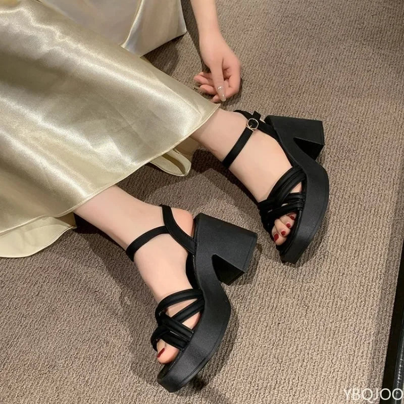 Women's Peep Toe Block Heel Buckle Sandals – Platform Style Block Heel Sandals Axl