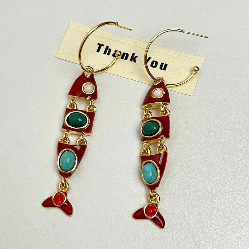Red Enamel Fish Tassel C-Hoop Earrings | Ethnic Boho Style Hoop Earrings Axl