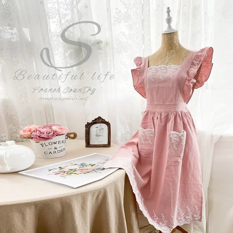 Women's Cotton Linen Vintage Apron Dress – Japanese Kitchen Style Apron Dress Axl Pink