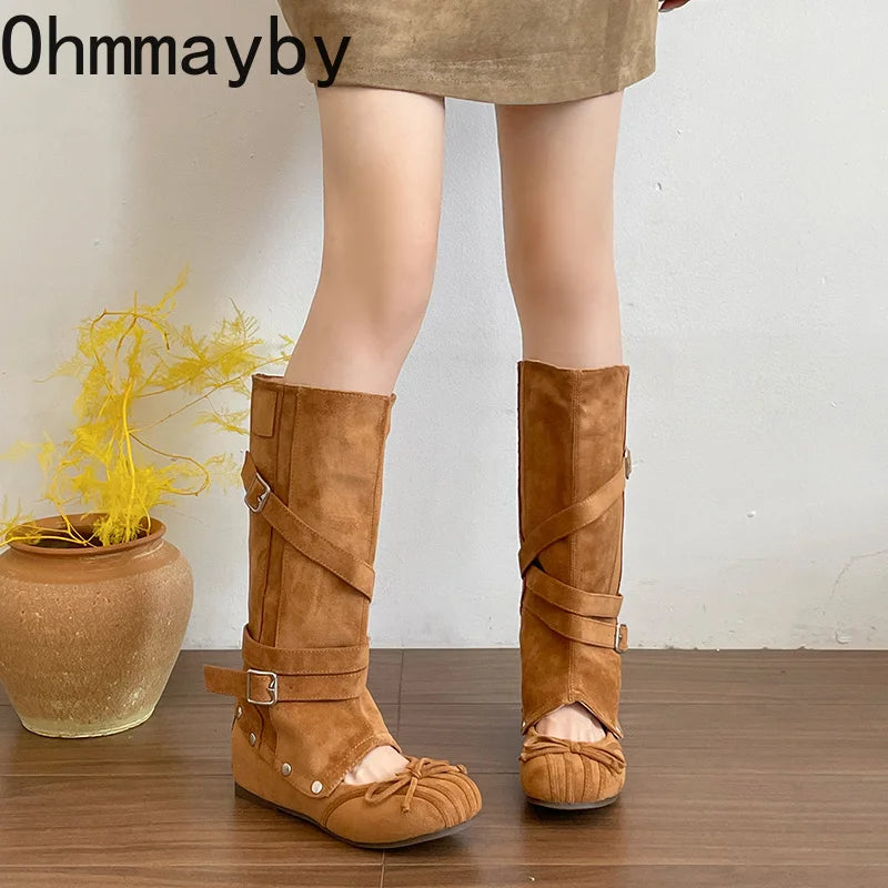 Women's Vintage Hollow Wedge Boots | Multi-Buckle Slip-On Wedge Boots Axl