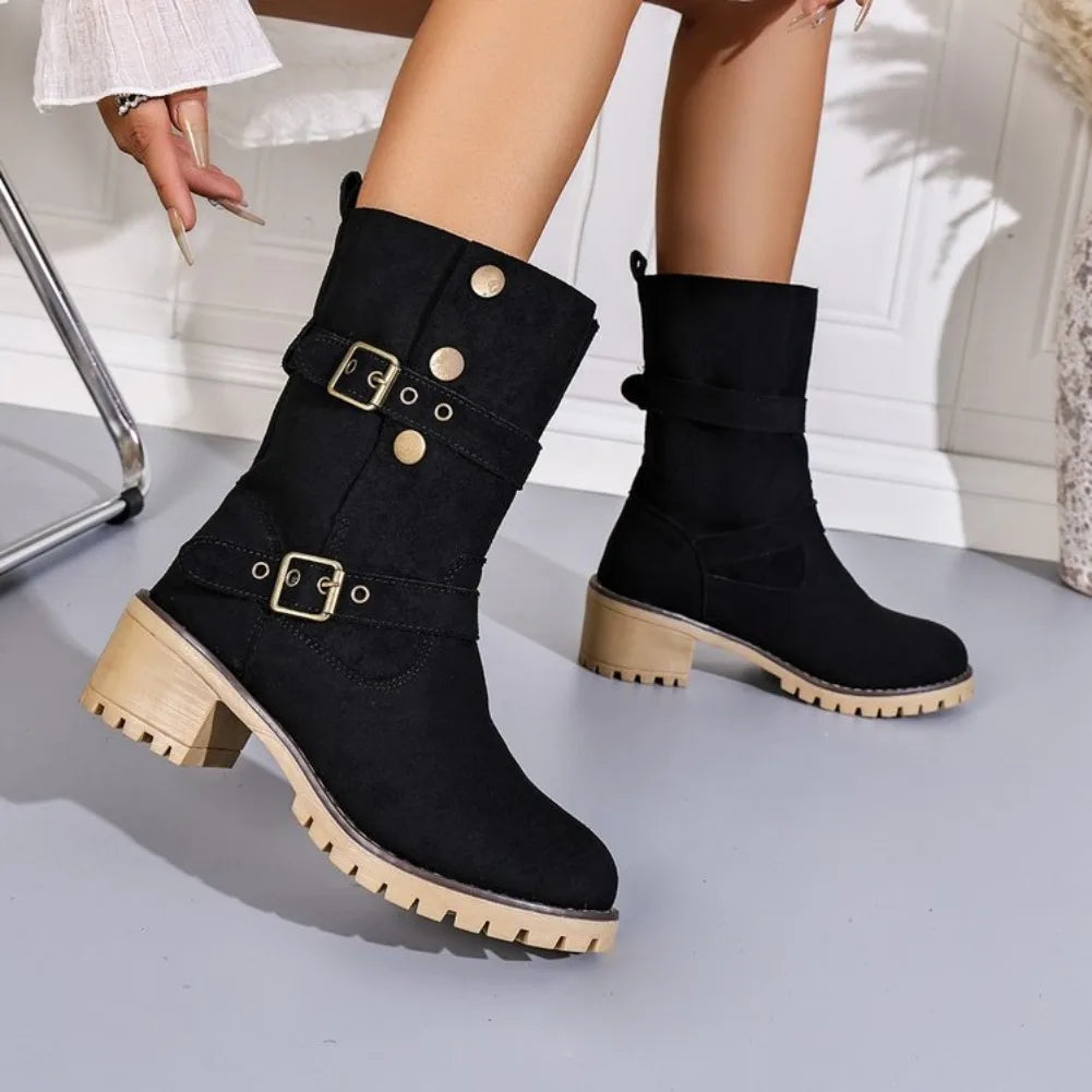VKJF Women's Mid-Calf Western Boots – Vintage Buckle Slip-On Women's Mid-Calf Boots Axl 36 black