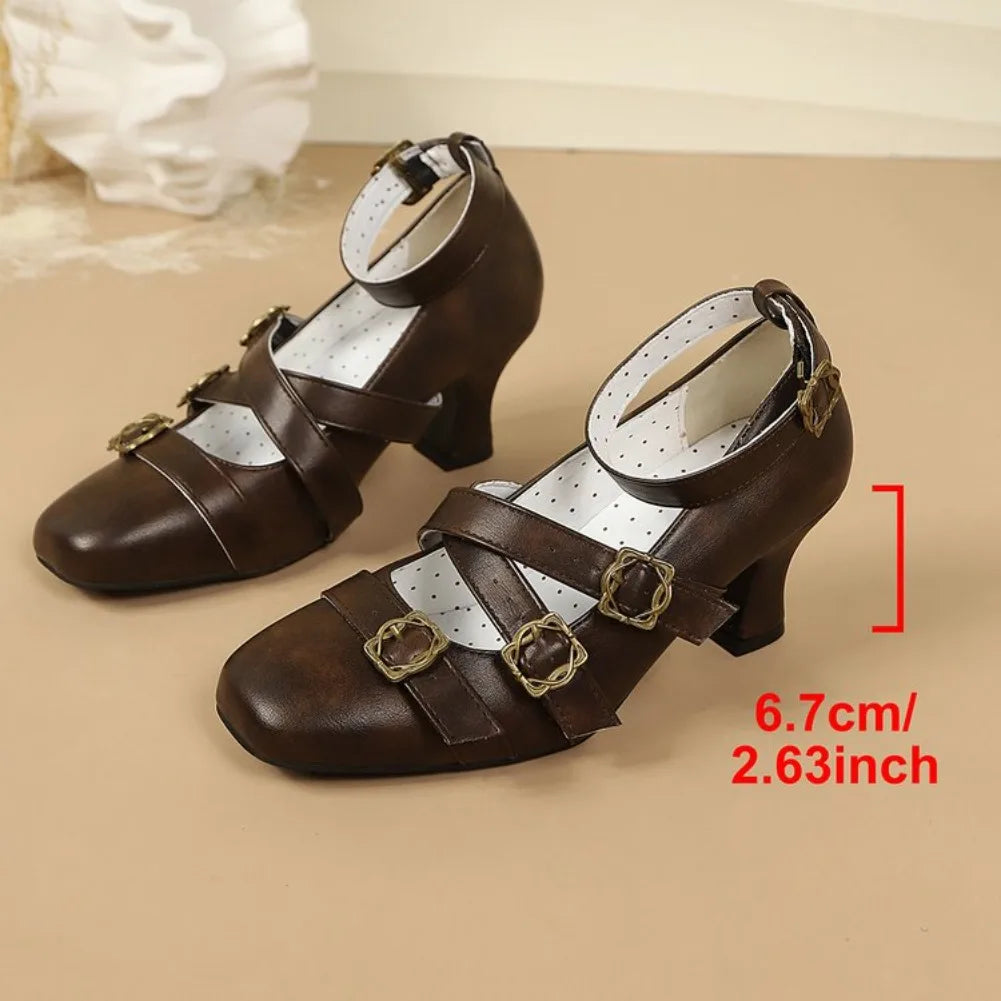 Women's Square Toe Buckle Strap Mary Jane High Heel Pumps Mary Jane Pumps Axl