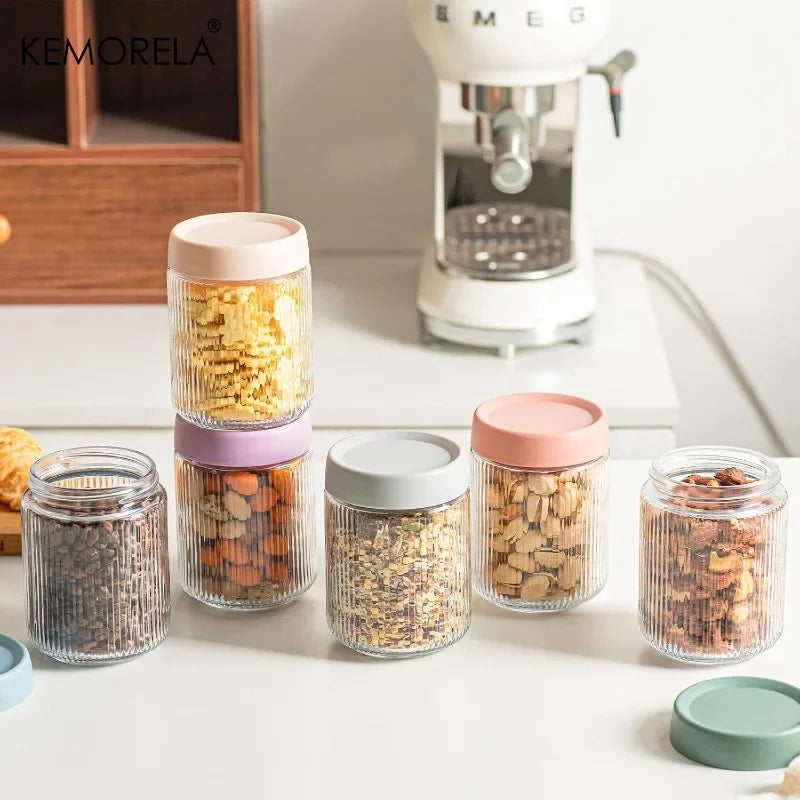 KEMORELA 6-Pack Ribbed Glass Mason Jars with Airtight Lids Glass Storage Jars Axl