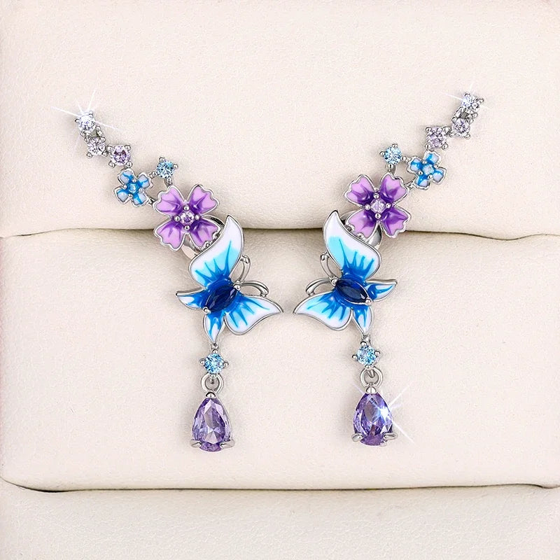 Huitan Butterfly Flower Drop Earrings | Colorful CZ Women's Jewelry Drop Earrings Axl