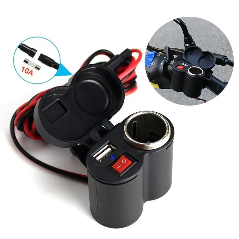12V Waterproof Motorcycle USB Charger with Switch & Lighter Socket Motorcycle USB Charger Axl