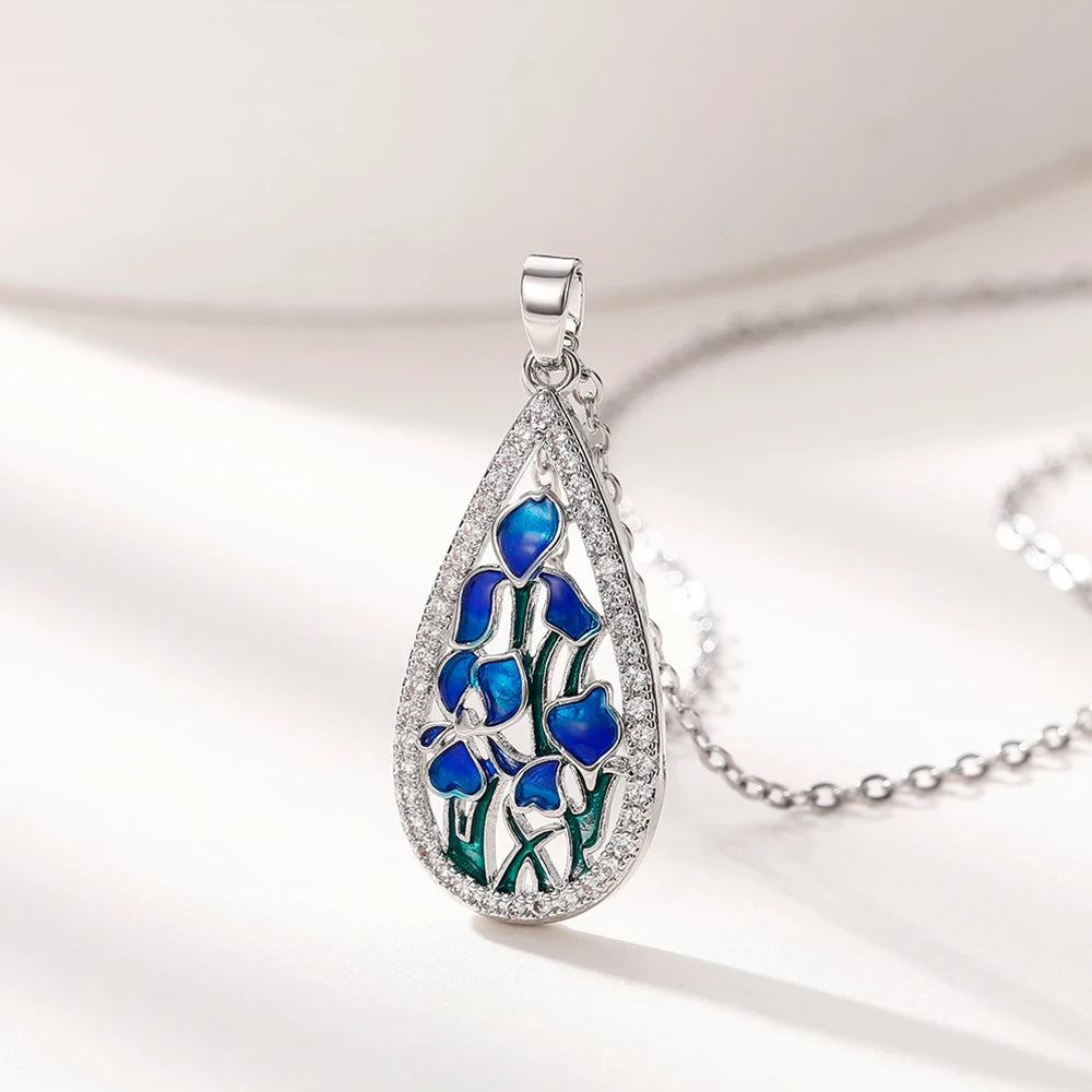 Huitan Blue Flower Enamel Pendant Necklace – Silver Chain Pendant Necklace Axl