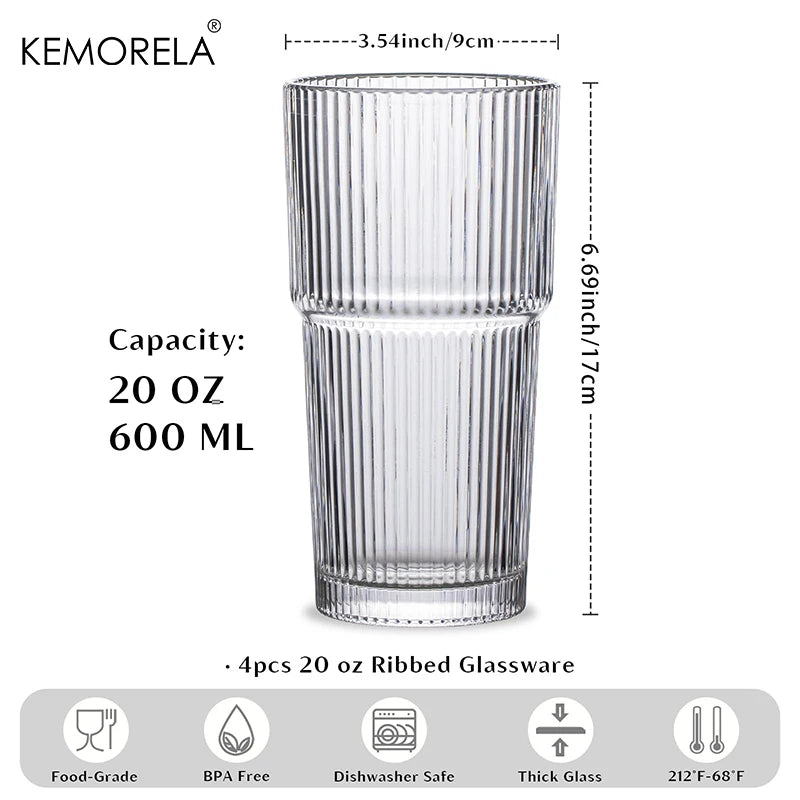 KEMORELA Ribbed Glass Tumblers 590ml | Set of 2 or 4 Glass Tumbler Set Axl