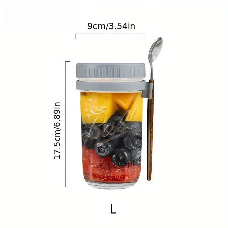 KEMORELA Overnight Oats Glass Cup with Spoon | Mason Tumbler Glass Meal Prep Cup Axl Grey-L