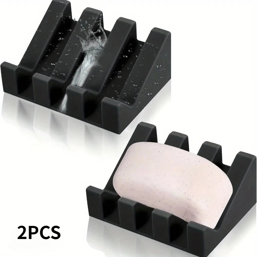 KEMORELA 2-Pack Silicone Self-Draining Soap Dish Tray Set Soap Dish Tray Axl 2PCS Black