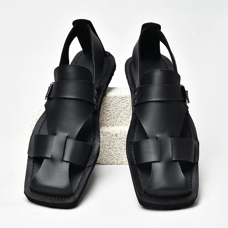 Men's Leather Beach Sandals – Anti-Collision Toe Aqua Shoes Men's Beach Sandals Axl
