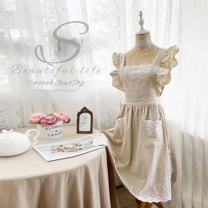 Women's Cotton Linen Vintage Apron Dress – Japanese Kitchen Style Apron Dress Axl Beige