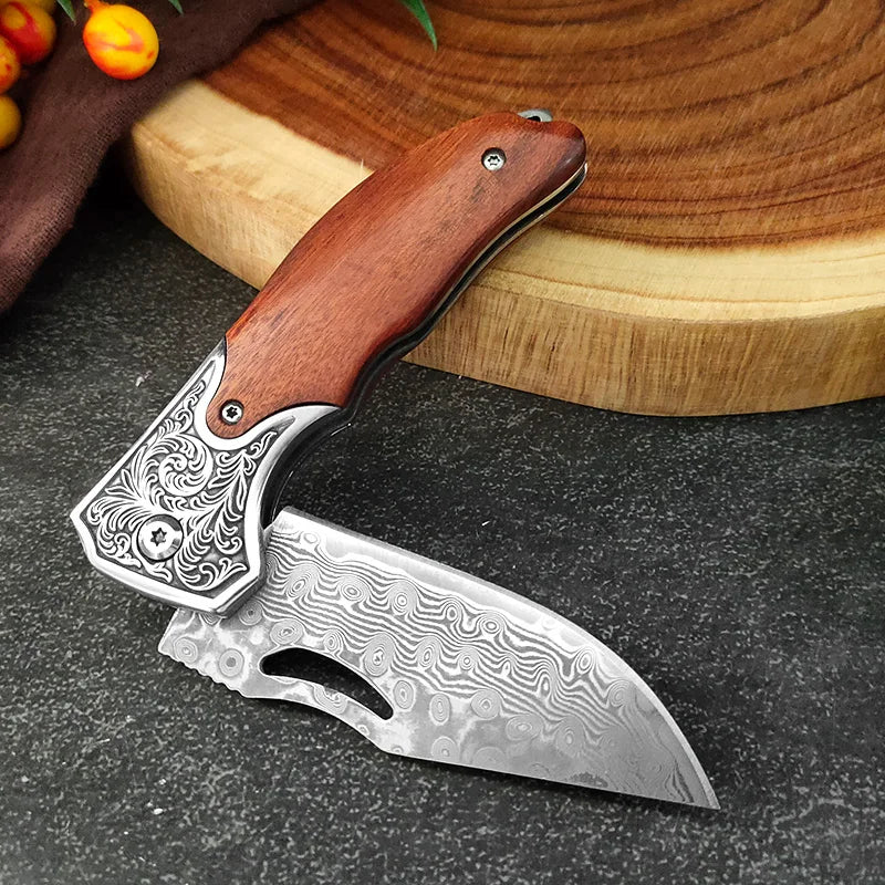 InLeung VG10 Damascus Steel Folding Kitchen Knife – Wood Handle Folding Kitchen Knife Axl