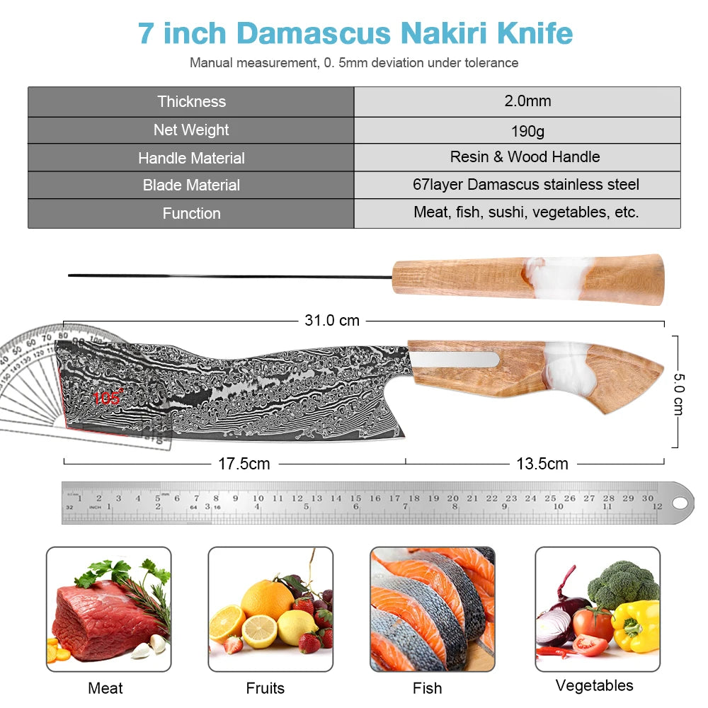 XITUO 7" Japanese Nakiri Knife – Damascus Steel Vegetable Cleaver Nakiri Kitchen Knife Axl