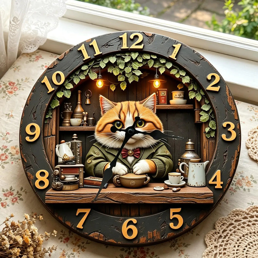 11.81" Silent Cat Wall Clock – Wooden Farmhouse Decor Silent Wall Clock Axl