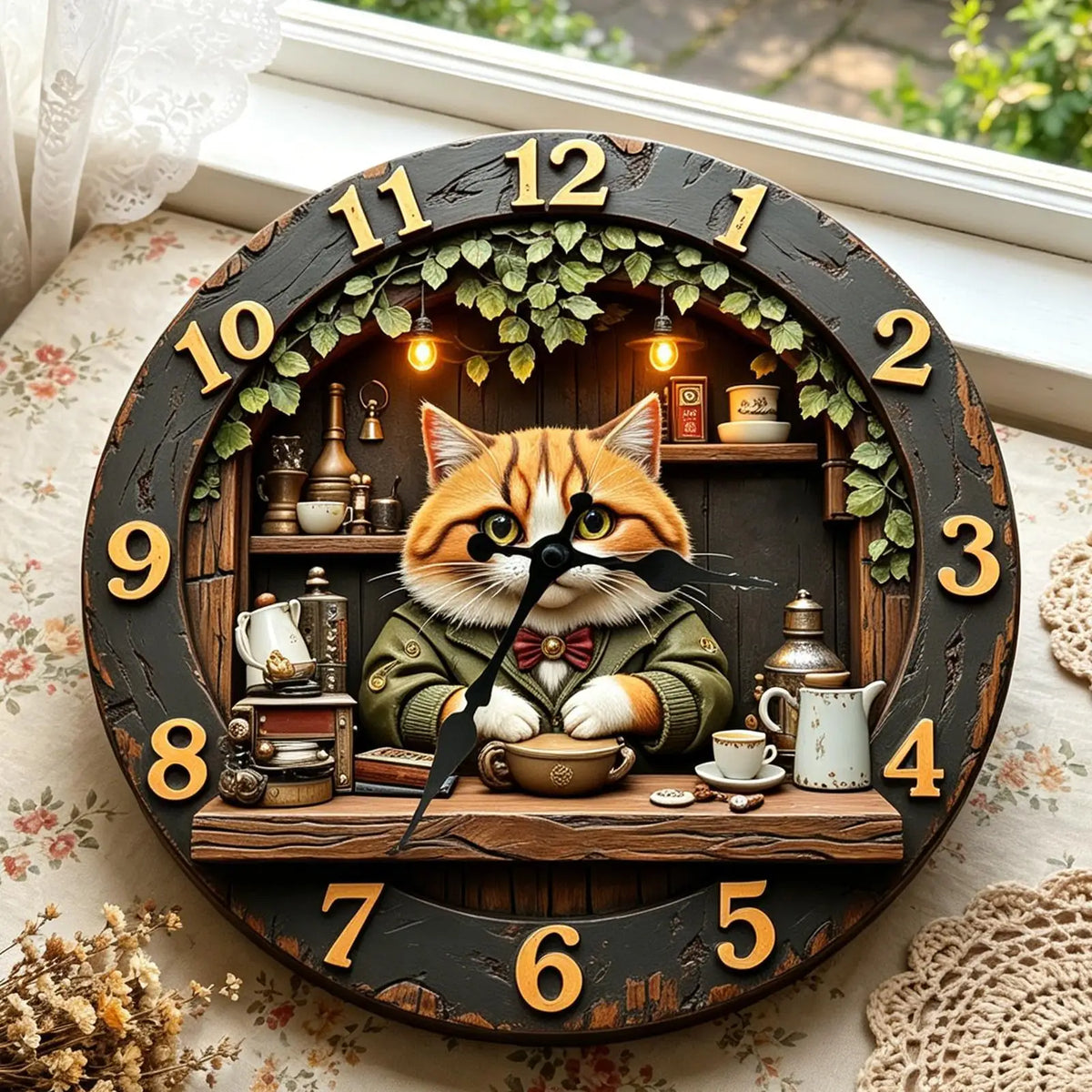 11.81" Silent Cat Wall Clock – Wooden Farmhouse Decor Silent Wall Clock Axl