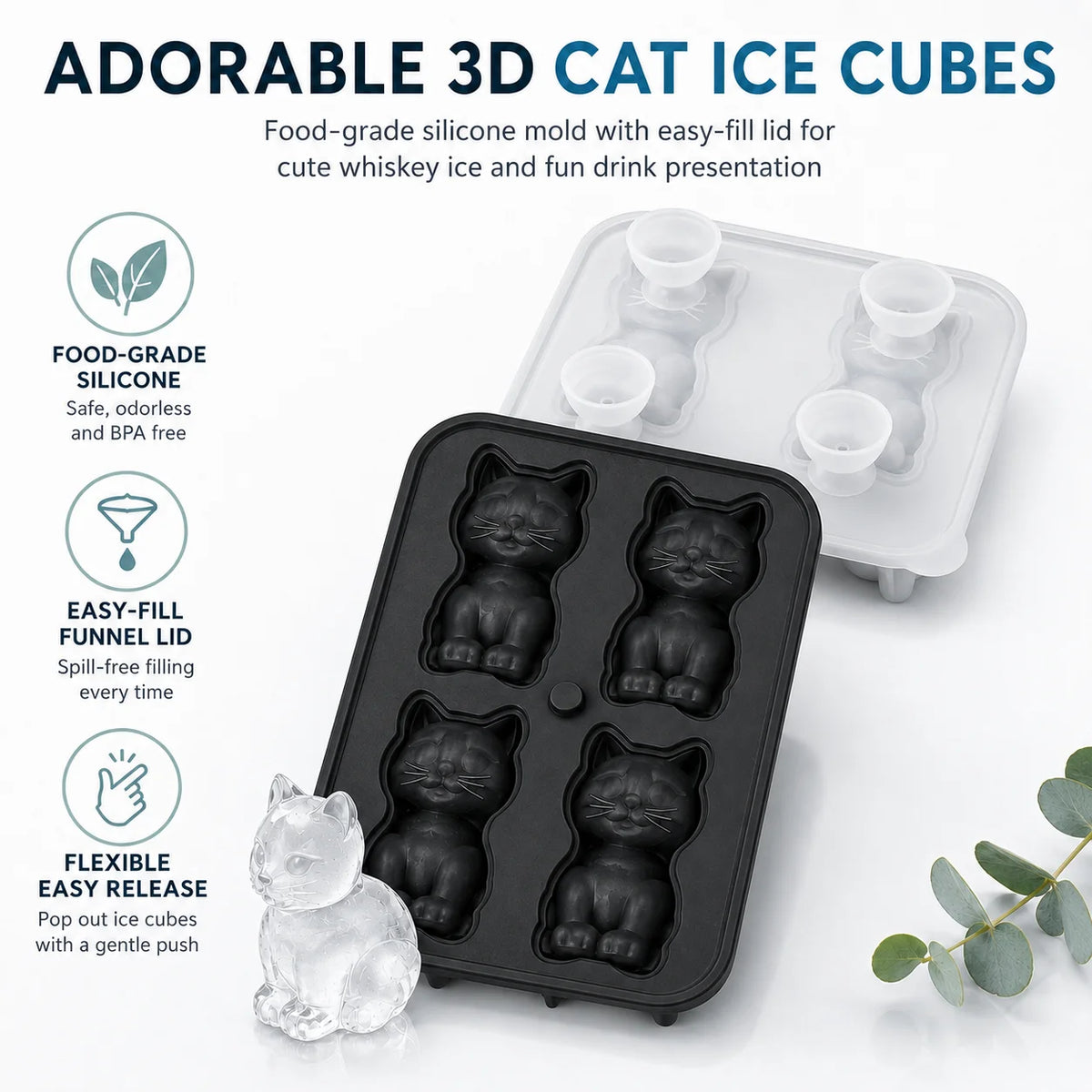 4-Cavity 3D Cat Silicone Ice Cube Tray Mold with Funnel Silicone Ice Cube Mold Axl