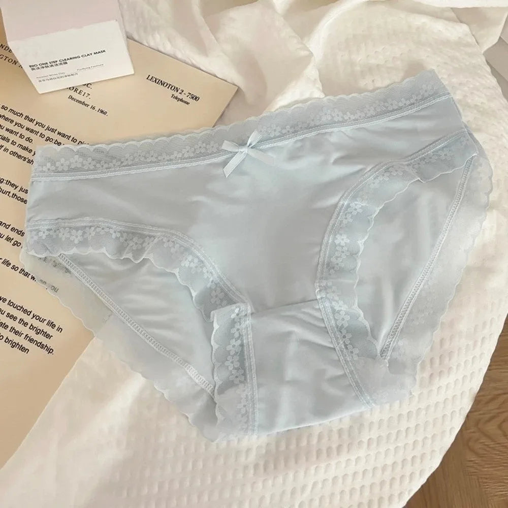 Women's Ice Silk Seamless Briefs – Lace Bow Cotton Crotch Panties Women's Briefs Axl Blue 1XL 1pc