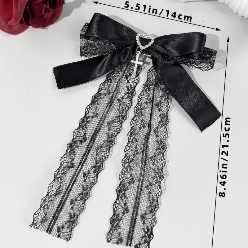 Gothic Lace Bow Hair Clip – Lolita Barrette with Rhinestone Cross Lace Bow Hair Clip Axl