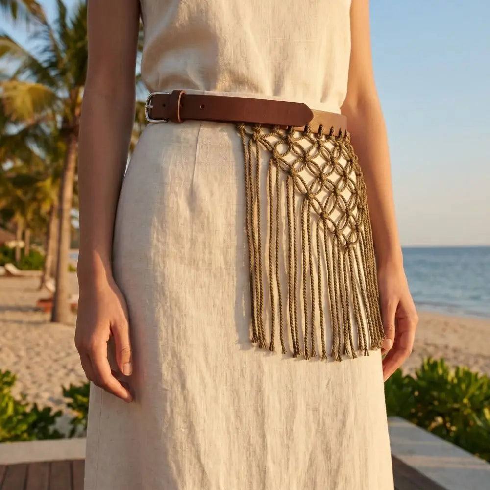 Y2K Tassel Woven Belt – Boho Knit Rope Waistband for Jeans Woven Tassel Belt Axl