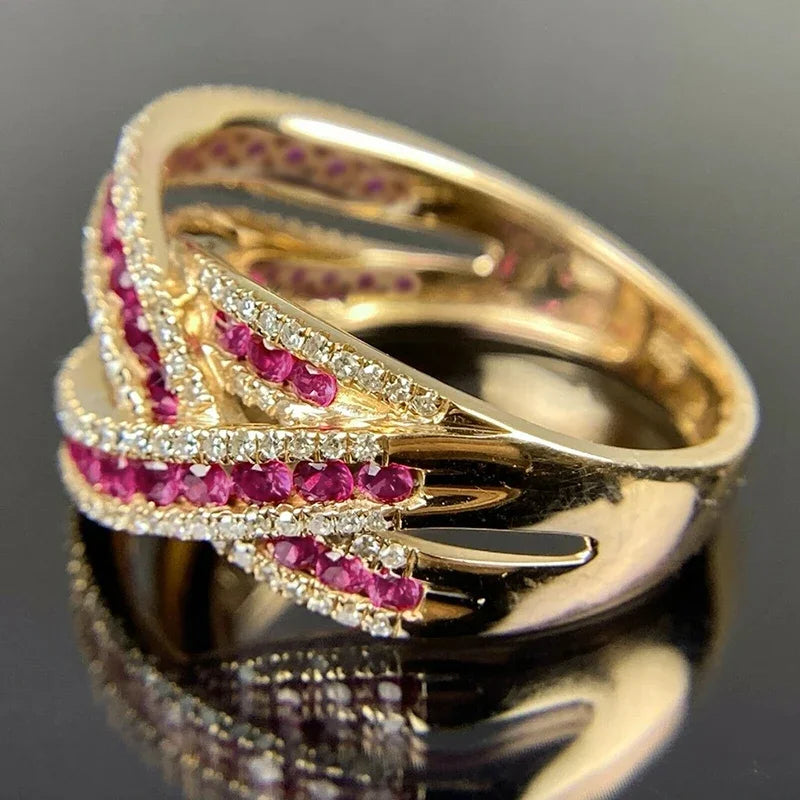Huitan Rose Red CZ Cross Ring – Women's Wedding Band Fashion Ring Axl