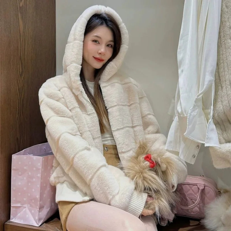 Women's Faux Mink Hoodie Jacket – Korean Style Winter Coat Women's Hoodie Jacket Axl