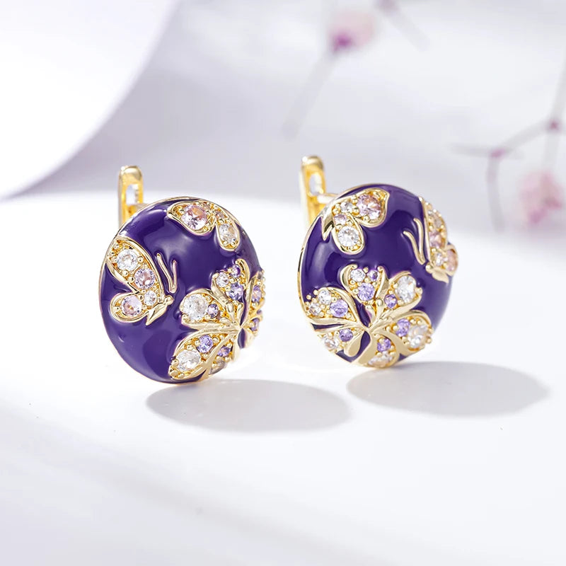Huitan Purple Flower Enamel Gold Hoop Earrings for Women Hoop Earrings Axl