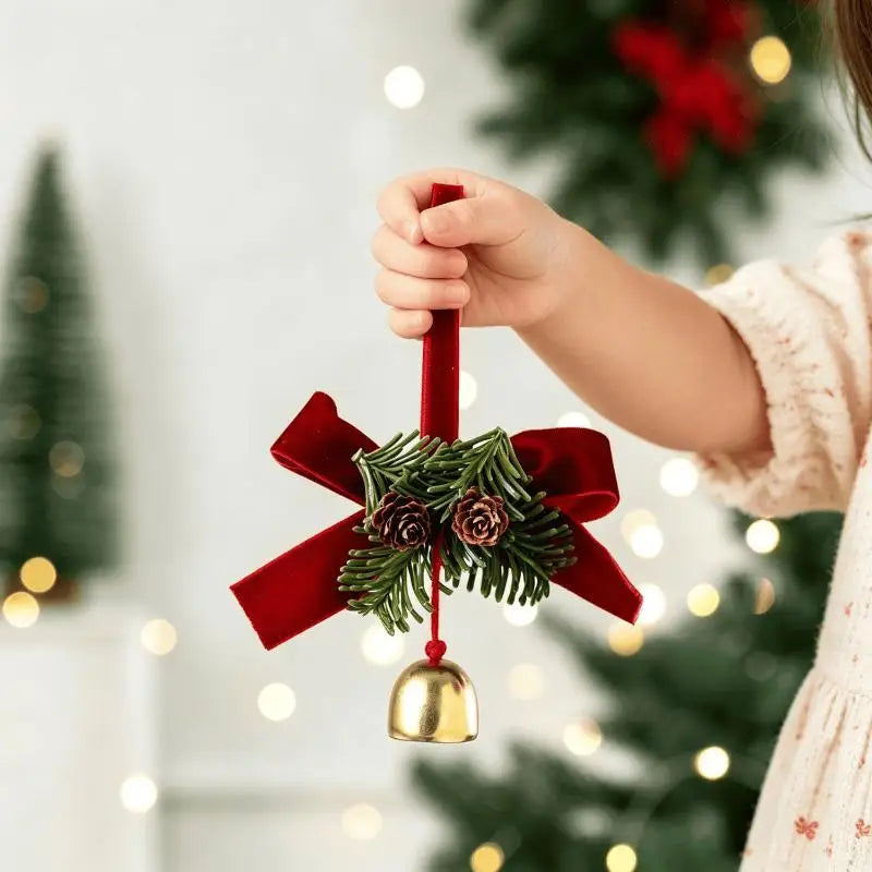 Plush Christmas Tree Ornament with Bow & Brass Bells | Xmas Décor Christmas Ornament Axl A4