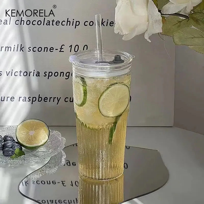 KEMORELA 600ml Stripe Glass Cup with Lid & Straw | 1-2 Pack Glass Tumbler Set Axl