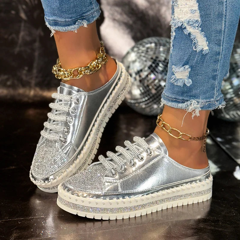 UXST Women's Crystal Platform Sneakers – Lace-Up Flat Shoes Platform Sneakers Axl